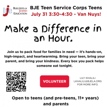 Teen service corps at Tomchei Shabbos LA volunteering to pack food for those in need