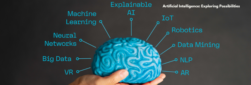 A turquoise brain with various A.I. objectives