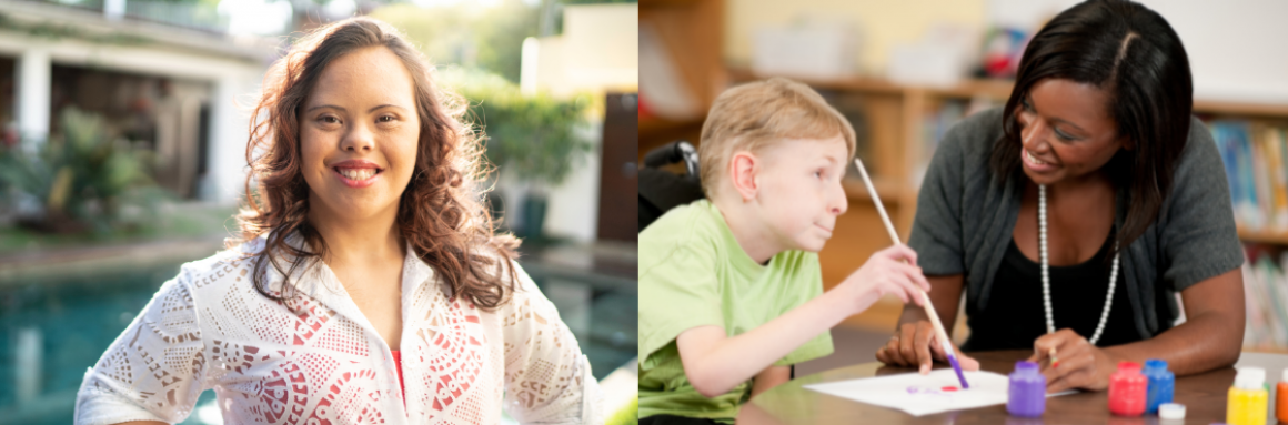 young special needs woman and a young special needs student with his teacher