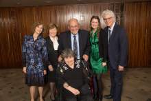 BJE Gala Co-Chair Susan Jacoby Stern with Lela and Norman Jacoby, Honorees Marlynn and Elliot Dorff, daughter Anna Stern and husband Joel Stern