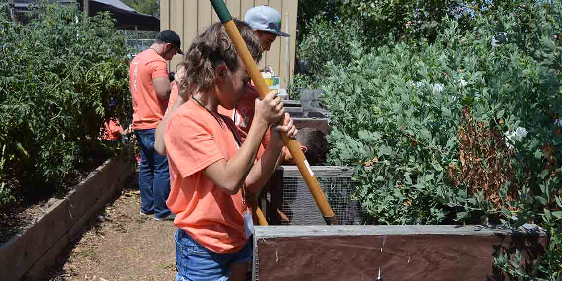 Teen Service Corps working at school garden Teen service learning volunteers tilling the soil