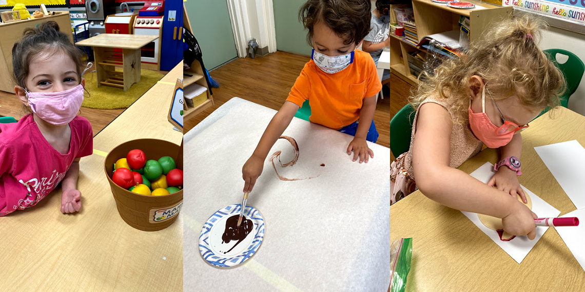 Three photos of Early Childhood children with masks on in class